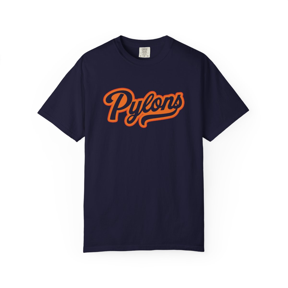 Pylons Script Tee in navy with the orange script logo